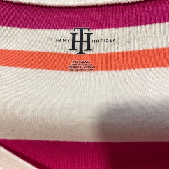 Classic Y2K Vintage Tommy Hilfiger Pink Striped V Neck Cotton Tee Size XL Preppy - Picture 3 of 5